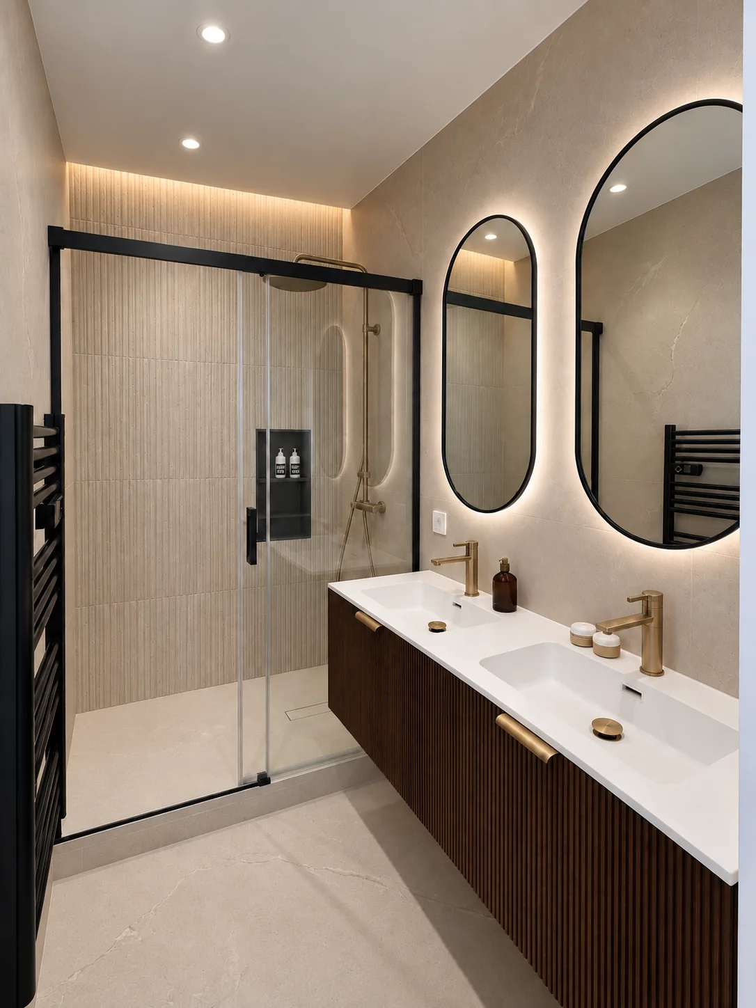 Salle d’eau du projet Demours, double vasque, miroirs ovales et douche vitrée.