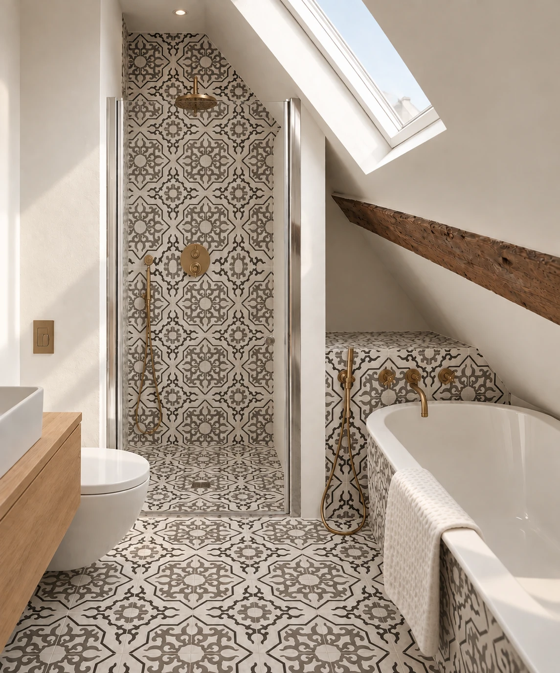 Salle de bain sous toiture du projet Poissonnière, baignoire et carrelage à motifs.