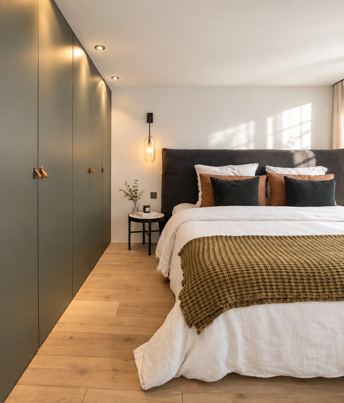 Chambre du projet Turenne, placards vert olive, tête de lit sombre et lumière naturelle sur le lit.